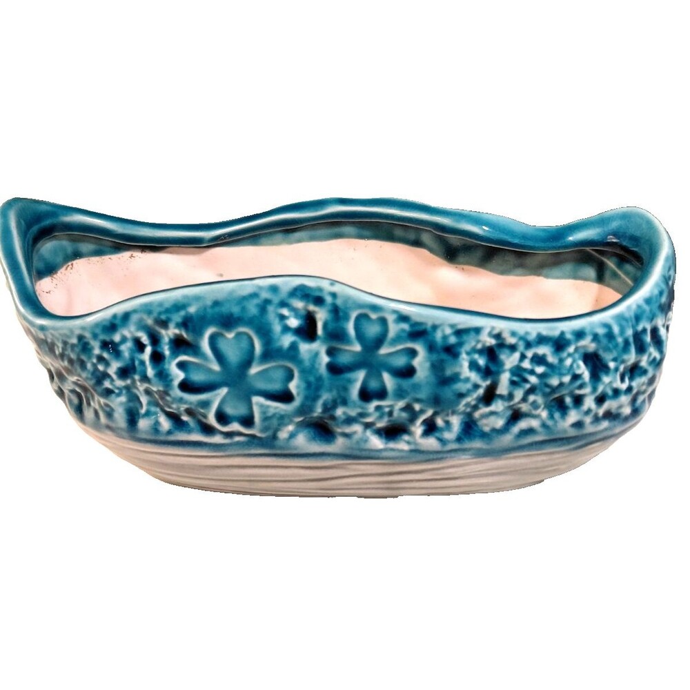 Mid-Century Modern Pottery Planter Teal & White
